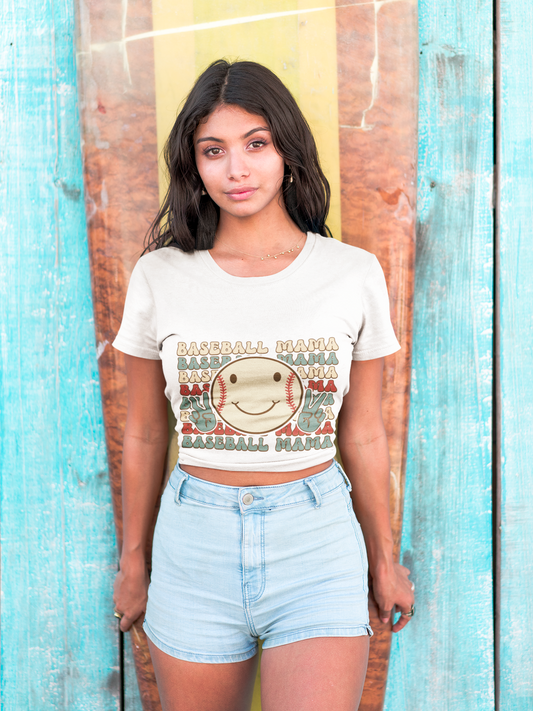 Baseball Mama Tee — Retro Smiley Baseball Mom Shirt